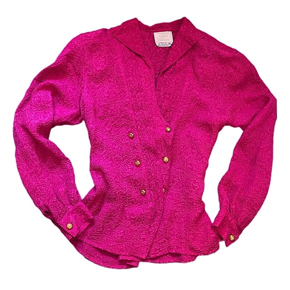 Vintage Silk Pink Button-Up Statement Shoulder Barbiecore Long Sleeve Blouse 10 - Picture 5 of 14